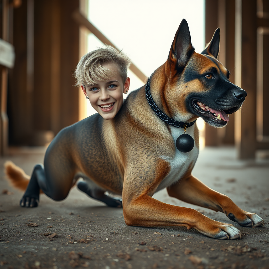 photorealistic, ultra high resolution, 16K, surreal fantasy, soft studio lighting, Caleb Swift is a pretty 16 year old goth male, slim male physique, blonde hair, blue eyes, goth makeup, earrings, glittering black pantyhose, spikey neck collar with chain, crawling on the floor of the barn straddling while a large dog rests its front legs on Caleb's back, during daytime, excited open mouth smile, small black ball-gag, drooling a stream of saliva from his mouth, bulging crotch, full body in wide view from side with Tyler facing the camera.