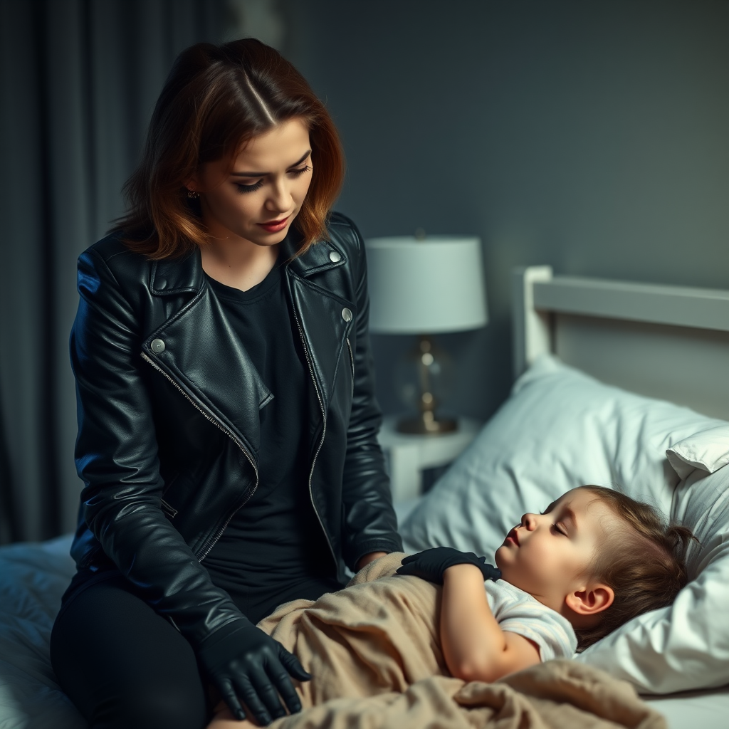 A beautiful female burglar in a black leather jacket over a black t-shirt with black pants and gloves is looking at her unconscious little daughter, crying and putting her hand on her chest, on the bed in the room. A very emotional and sad image.