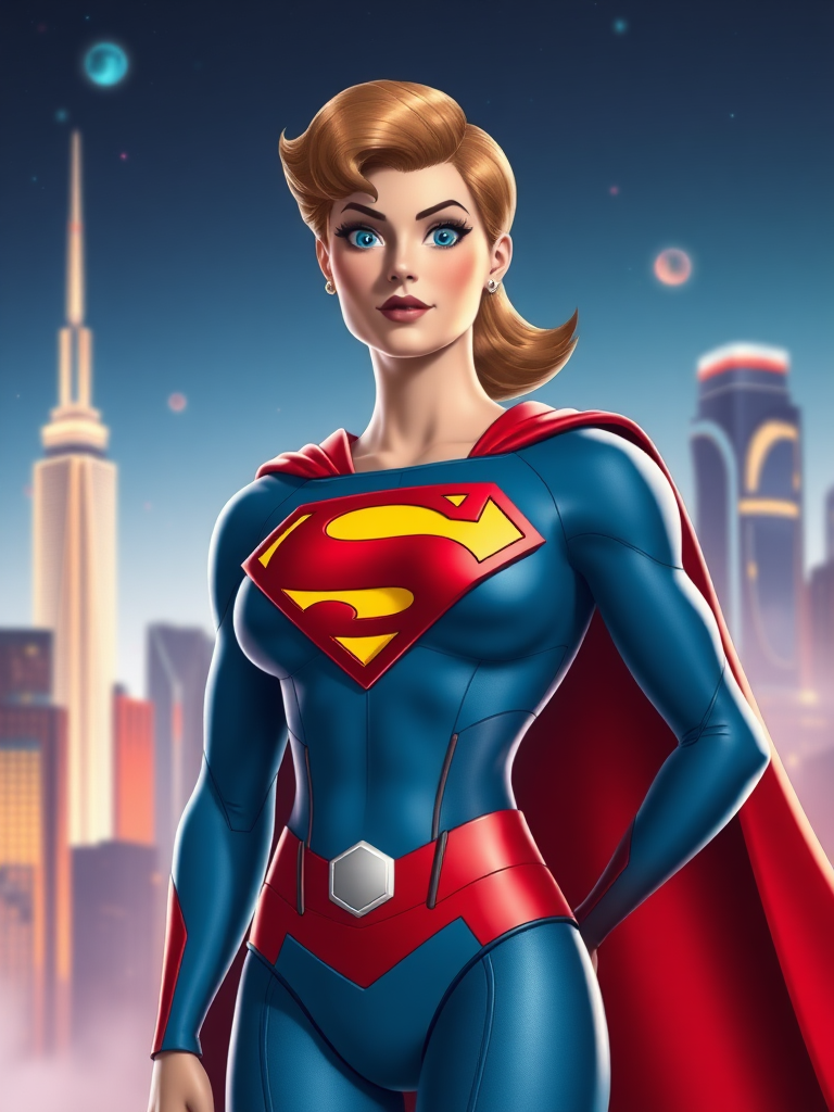 Create a full-length rendered image of Superman, using the female figure of Jane Jetson for the body. Retain Superman's head, hairstyle, and facial features while incorporating elements from Jane's costume into Superman's outfit. Adjust the costume to fit Jane's proportions and add embellishments inspired by Jane Jetson. Design the background to reflect elements from both characters, merging Superman's iconic cityscape with futuristic, sleek aesthetics reminiscent of the Jetson's world. Aim for a vibrant color palette that balances the classic superhero vibe with a modern, sci-fi twist.