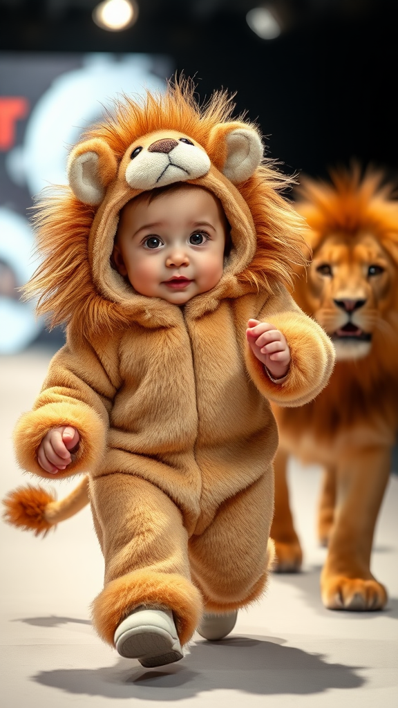 A cute small chubby fair baby with big eyes, pink lips, and pink cheeks, wearing a furry cozy lion costume, doing a ramp walk in a fashion show, walking with a real lion and holding the lion with one hand, cinematic.