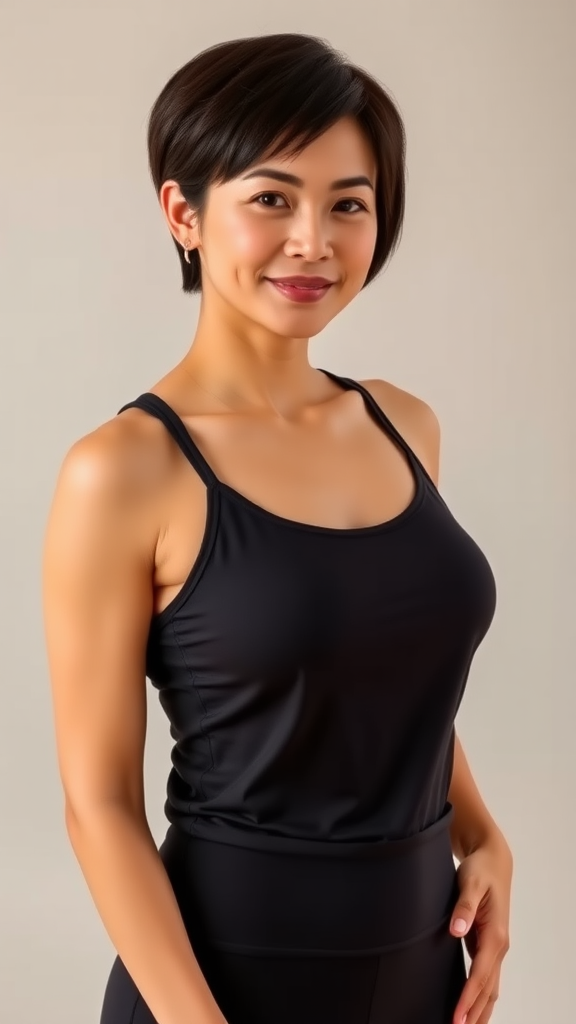 A beautiful Chinese woman, short hair, full figure, small breasts, yoga pants, tank top.