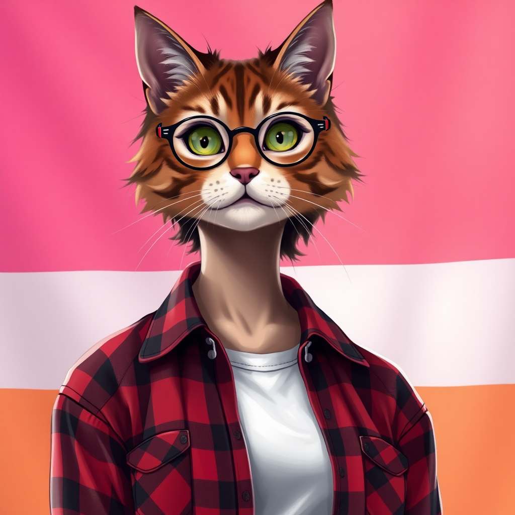 female cat-man with chestnut color, behind, a flag with horizontal colors pink/light pink/white/light orange/orange, colors in that order, wearing semi-round glasses, an open red and black checkered shirt with a white t-shirt, in digital art