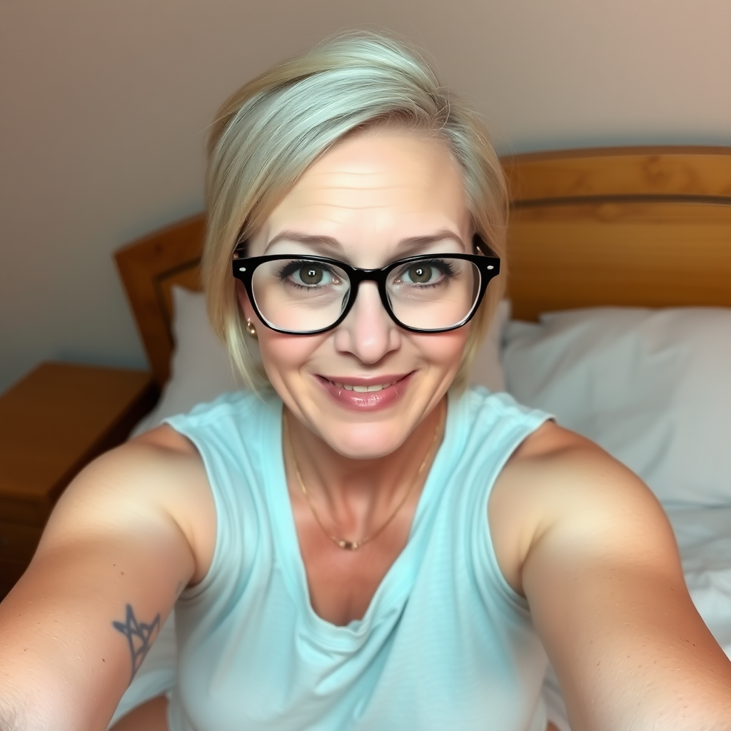 Woman, One, 40 Years old, British, Pale skin, White skin, Large chest, Thick thighs, Busty thighs, Long droopy jaw, Sharp nose, Horny face, Happy face, Open mouth, Blonde hair, Short hair, Straight hair, Brown eye color, thin Glasses, Cotton shorts, Sleeveless t-shirt, necklace, Bed, Motherly, attractive, seductive selfie