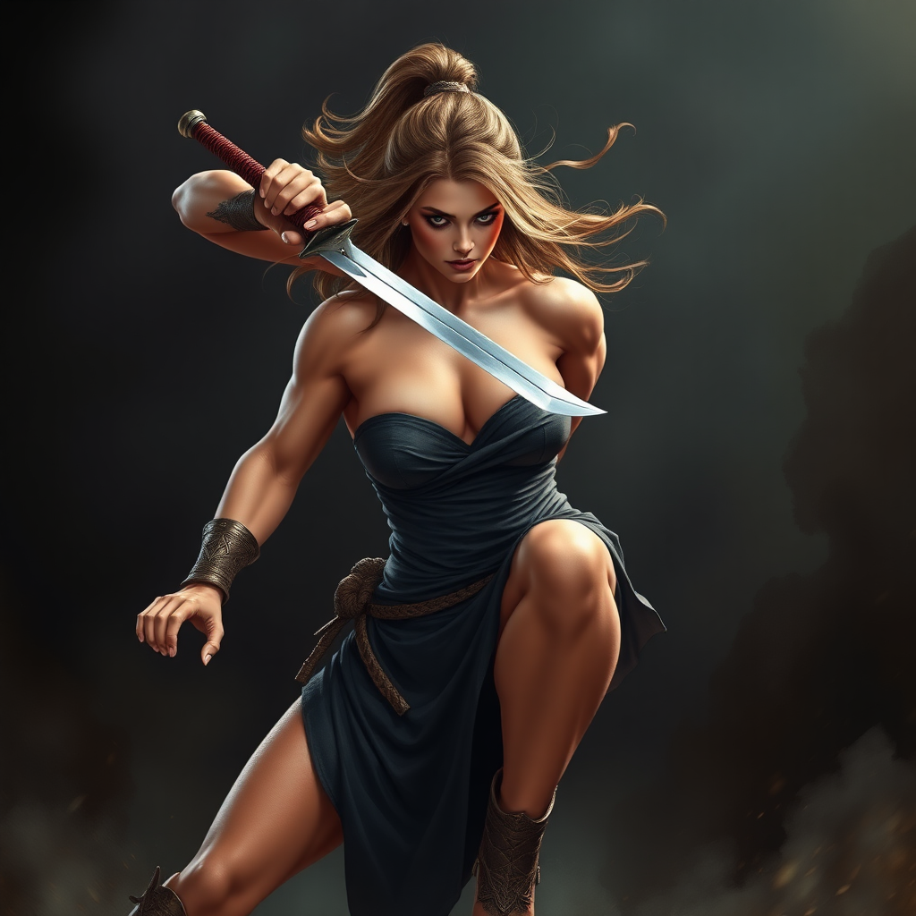 huge massive strong muscular bodybuilder girl, strapless dress, fighting with a sword