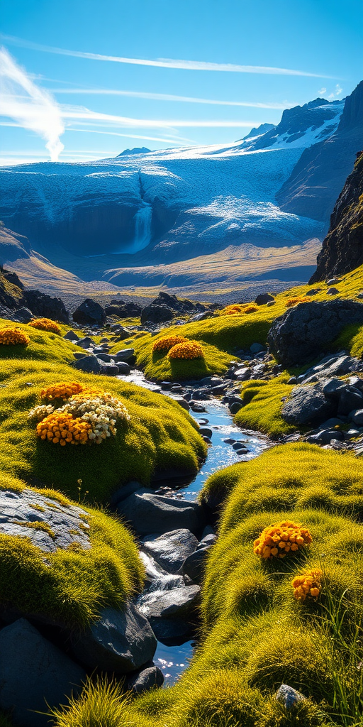 an ultra-realistic, highly detailed iPhone background of an Icelandic landscape with a glacier, rich in textures and natural elements. In the foreground, depict moss-covered green hills interspersed with dark volcanic rocks, weathered by time and detailed with cracks and patches of lichen. Scatter clusters of vibrant yellow and white wildflowers among the grass, and add tiny rivulets flowing over pebbles, their surfaces shimmering in the early morning light. Fine blades of grass, adorned with dewdrops, sway gently in the wind, reflecting the soft, golden glow of the rising sun.

In the middle ground, feature rugged cliffs and valleys carved by ancient glaciers, with every rock face showing signs of erosion, revealing layers of sediment and cracks. The glacier dominates the background, with deep blue crevasses cutting into the brilliant white surface. The ice reflects the light, and the glacier’s surface reveals intricate details—jagged ridges, windswept snow patterns, and patches of ice catching the sunlight. Small streams of meltwater run down from the glacier, carving tiny paths through the ice and rock.

Above, the sky is a crisp, clear blue, with wisps of thin clouds stretching across the horizon. Geothermal steam rises subtly from distant hot springs, adding a touch of atmospheric depth to the scene. In the distance, a waterfall cascades down a rocky cliff, with mist rising gently into the air. The color palette is rich, blending the vibrant greens of the moss, the deep blues and whites of the glacier, and the soft yellows of the sunlight, creating an immersive, lifelike scene filled with natural beauty and complex textures.