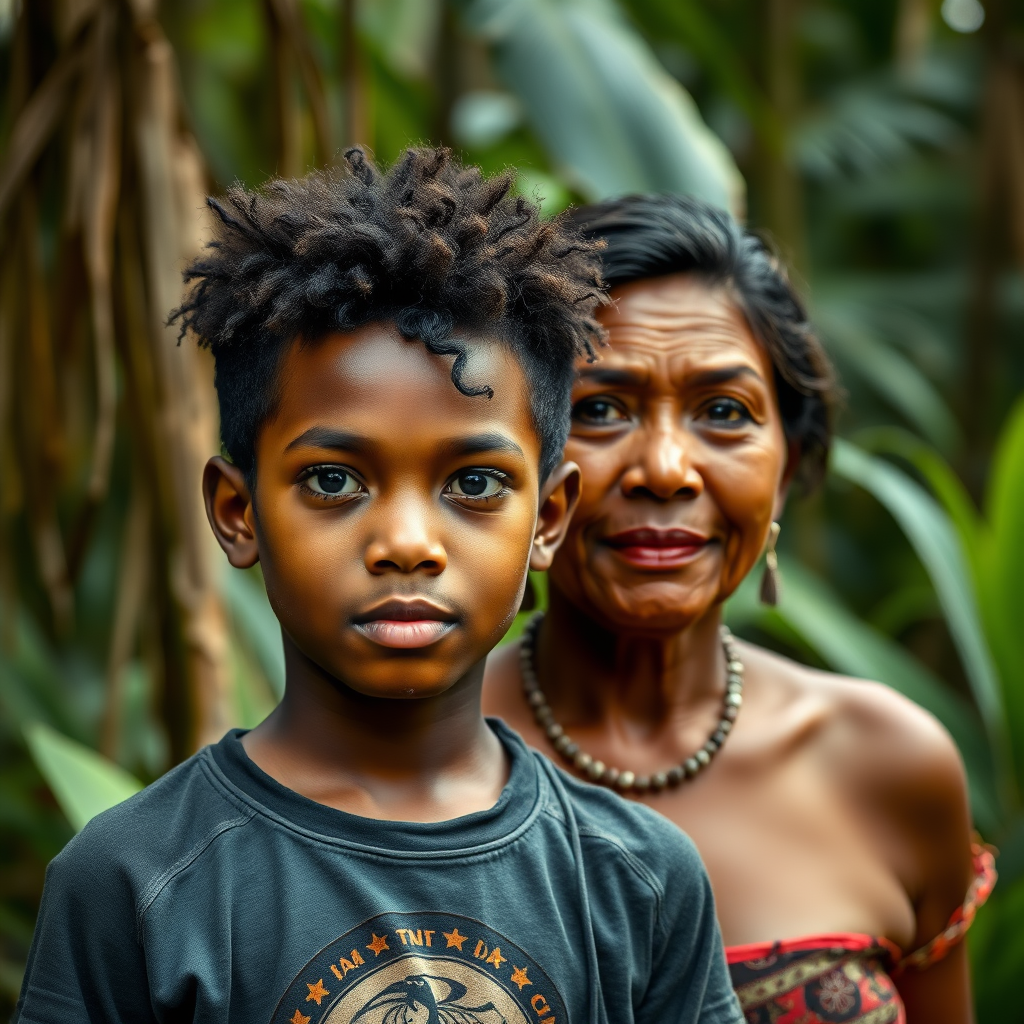 A realistic photo of a 12yo boy and woman. Indigenes of Brazil rain forest.