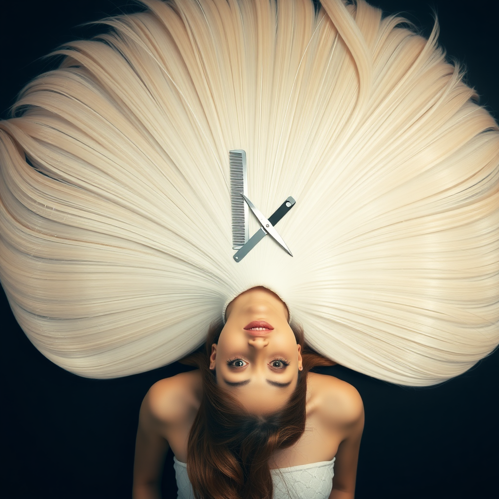 A beautiful woman laying down looking up at the camera. Her very long hair meticulously fanned out in a geometrically precise semicircle to display its length and beauty. A comb and scissors are set on her fanned out hair inviting the viewer to cut her hair.