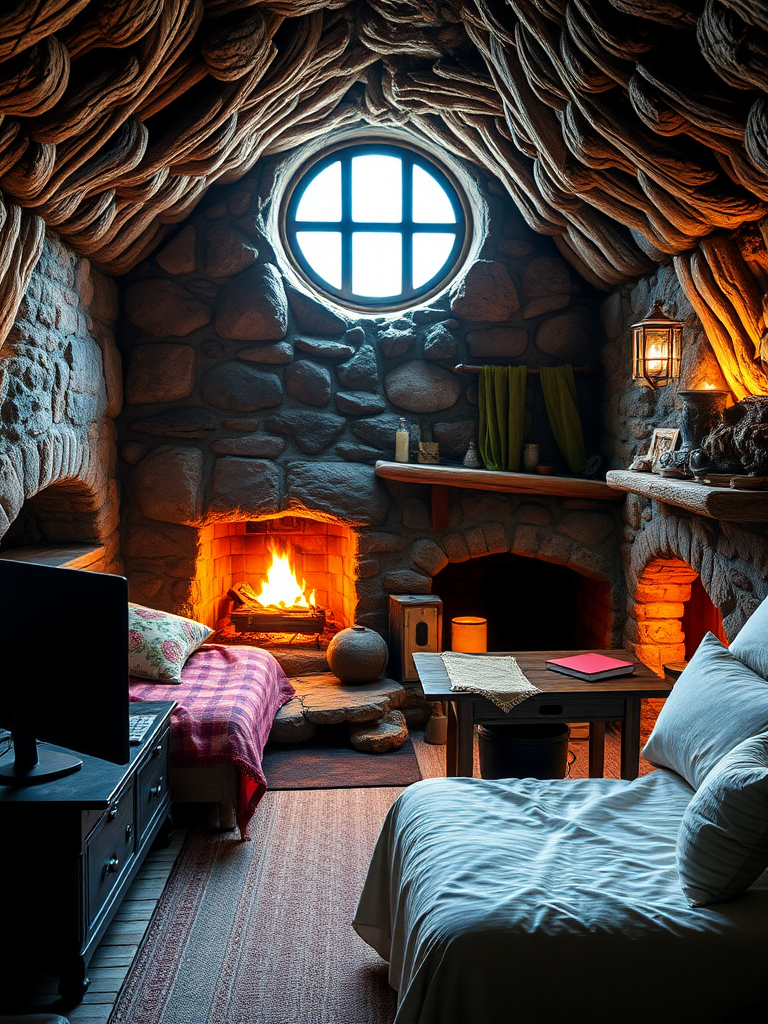 Cave Cottage: Rough stone walls, roaring fireplace, carved bedposts, warm blankets, solid wood computer desk, bright firelight, wide windowsill, black computer, colorful cushions, cold rocks, golden flames, soft mattress, green curtains, vintage fireplace, mysterious cave, silver keyboard, pure white pillows, round hearth, shabby brick walls, brown bed frame, high-tech mouse, smoking chimney, dim light, cold floor, thick bedding, exquisite murals, real, reality.