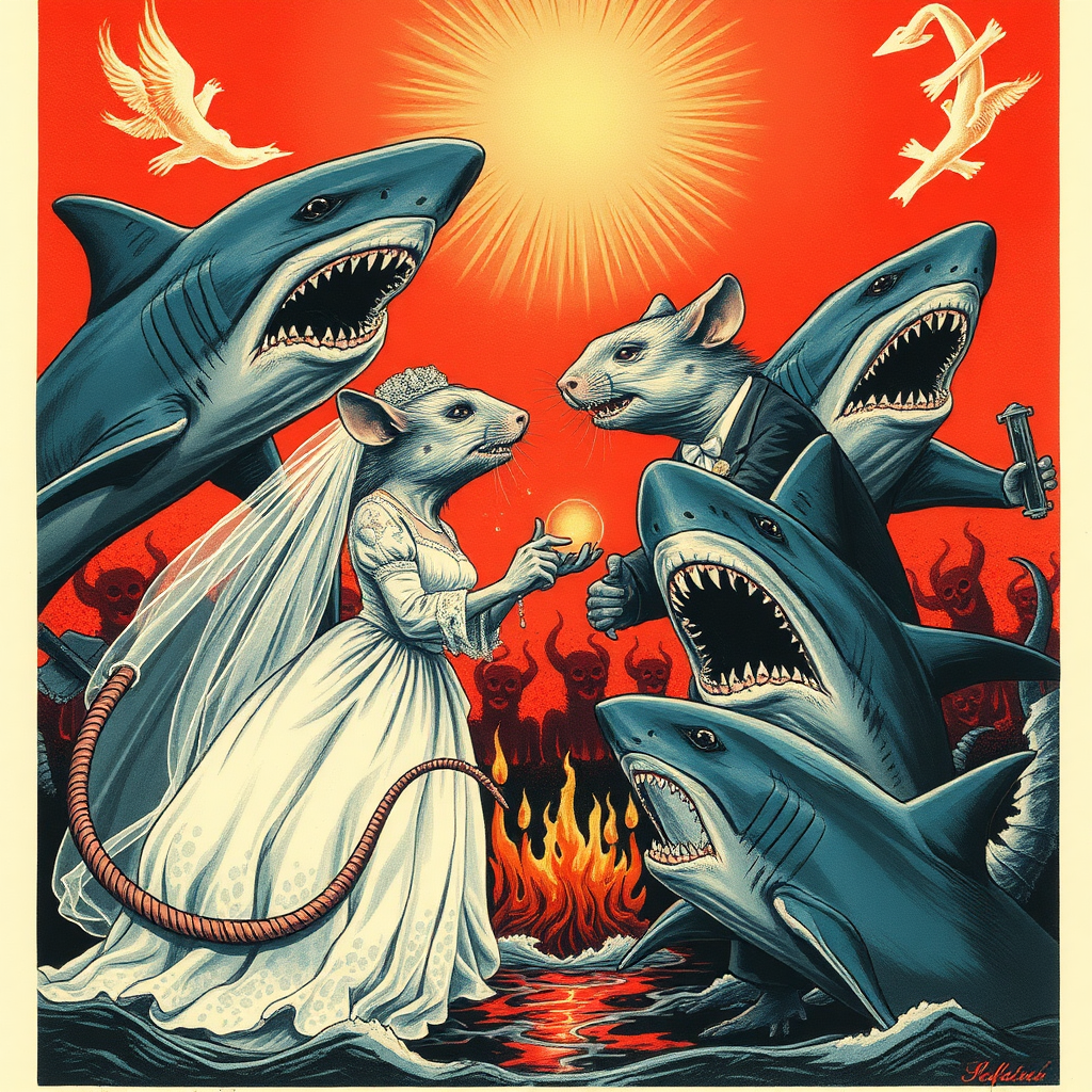 A rat wedding being attacked by sharks, Catholic, Soviet propaganda poster, no text, Lovecraftian, in hell