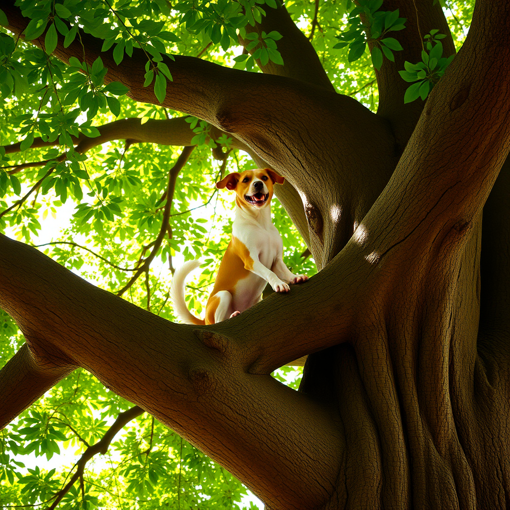 (A dog sitting on a branch of a large tree), with the dog's paws wrapped around the branch and its tail wagging happily. The tree has lush green leaves surrounding the dog, and the sunlight is filtering through the leaves, creating a warm and serene atmosphere.