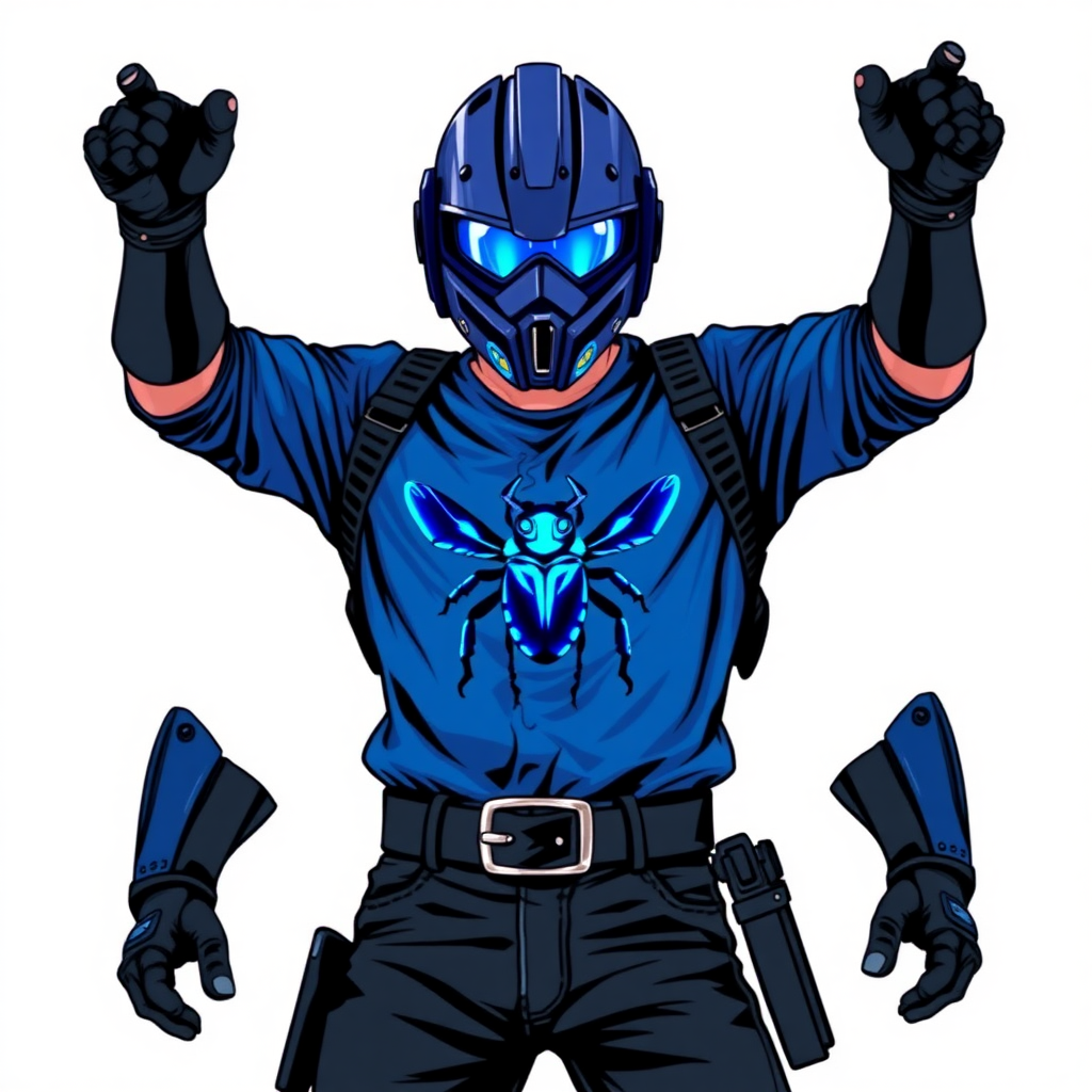 A 28-year-old cyberpunk vigilante stands heroically, clad in a maximum blue biker shirt featuring a neon blue beetle on the chest. He wears black biker pants, a black belt with a sapphire beetle buckle, and a helmet resembling a sleek, tactical design, but colored maximum blue with neon blue glowing lenses. Their hands are protected by black metal gloves, all set against a solid white background. He is drawn as if he was in a retro 2D cyberpunk fighting game.