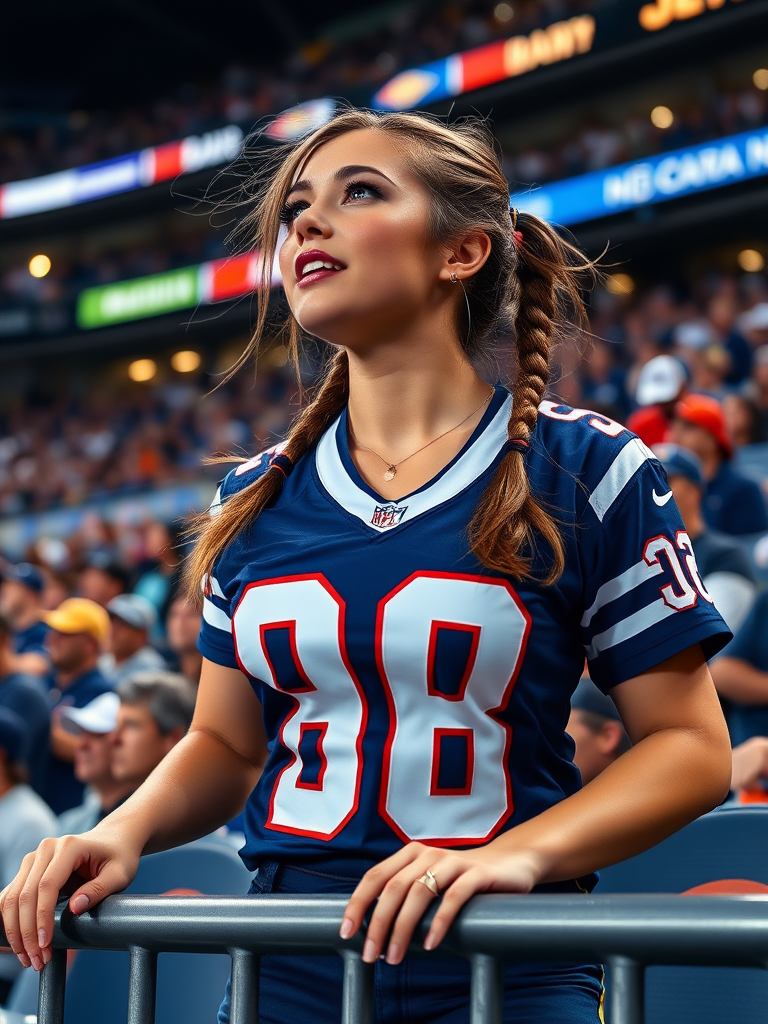 Very attractive female NFL fan, huge chest, jersey, cheering, pigtail hair, crowded stadium bleacher row, leaning forward over barriers