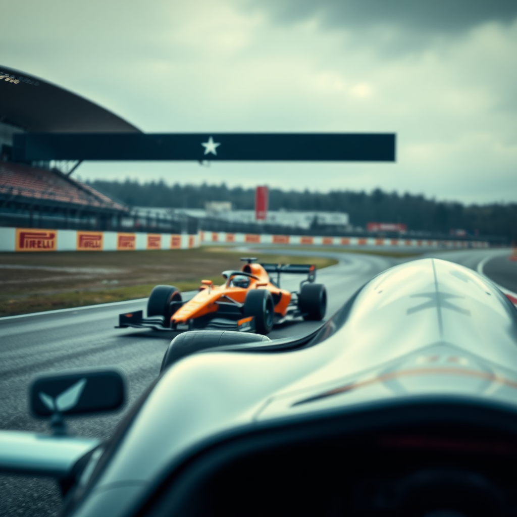 f1 mclaren car aesthetic cinematic photo in a race track