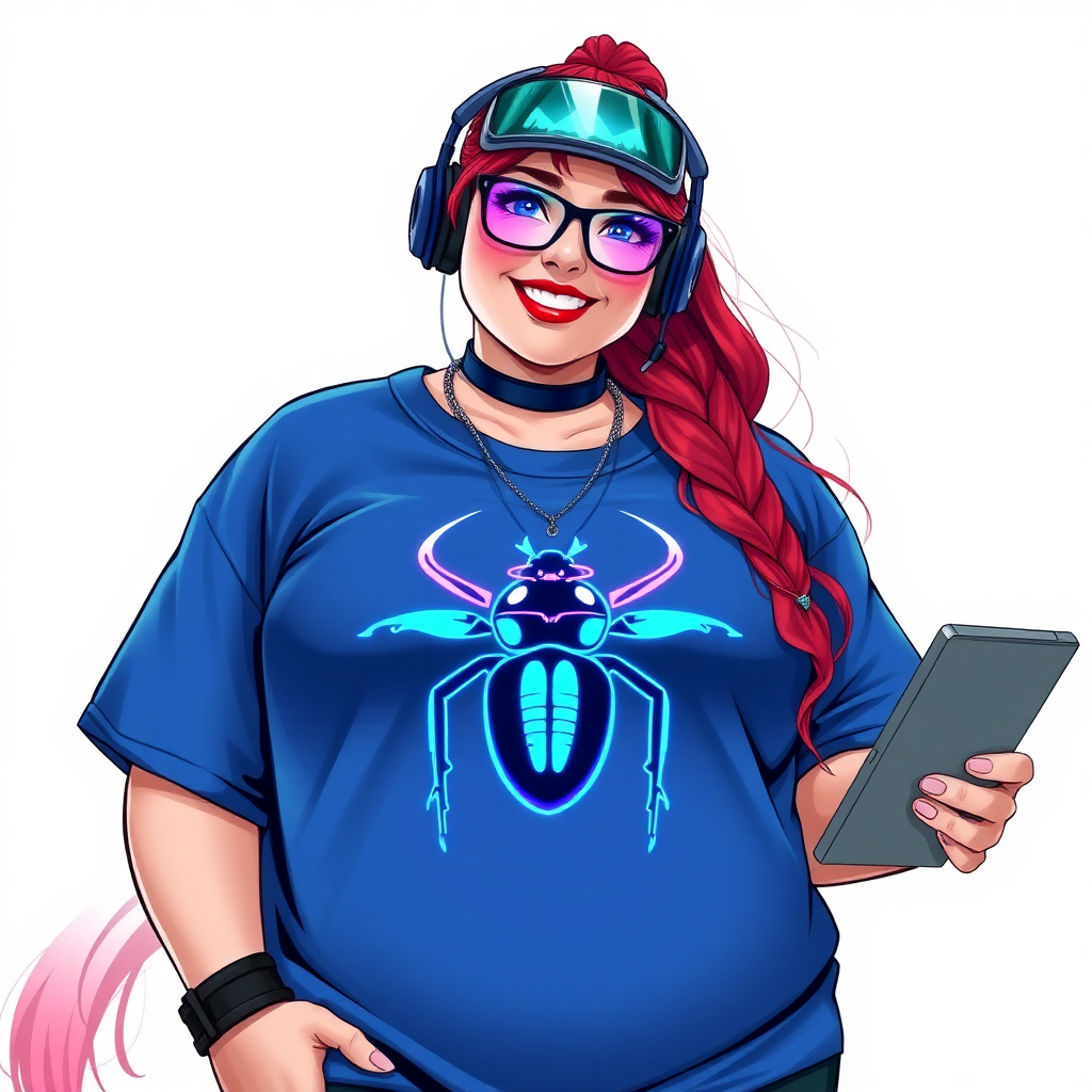 A cyberpunk vigilante’s full-figured intelligent and tech-savvy 29-year-old girlfriend, who is a computer hacker and tech genius. She has a long ruby red ponytail and bright blue eyes. She wears a sapphire beetle gemstone necklace, and an oversized maximum blue t-shirt featuring a giant neon blue glowing icon of a beetle on its chest. She has a full-figured physique with a prominent, gargantuan, round midsection, reflecting her well-cared-for lifestyle. The midsection is heavily emphasized. She sports a sapphire headset with hi-tech maximum turquoise lensed HUD visor, black eyeglasses, and a beaming smile with a passionate bright red blush. Despite her figure and a lack of self-esteem, she radiates an air of beauty. She has an angular face which contributes to her radiant beauty. She serves as his tech expert from his hideout, holding a holographic tablet and a hi-tech tool wrench. The background is solid white. She is drawn as if she was in a retro 2D cyberpunk fighting game. Make sure her shirt covers her round midsection.