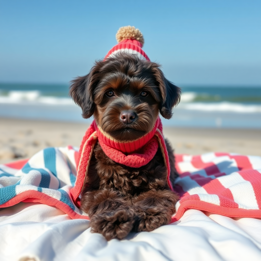 cute medium sized dark chocolate colored cockapoo, laying on super soft blankets on the beach, with a scarf and a silly hat