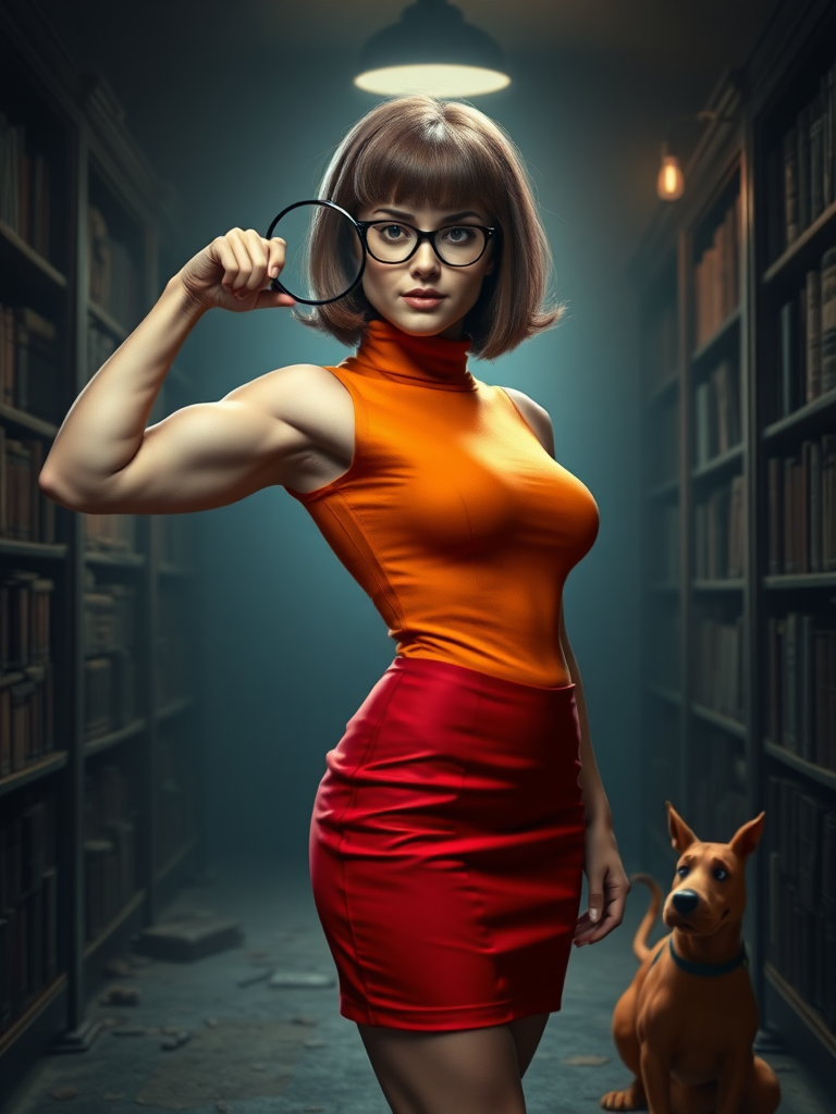 Photorealistic full-length portrait: Velma Dinkley reimagined. Merge Velma's iconic head, hairstyle, facial features onto male bodybuilder's inverted triangle physique. Adapt her classic orange turtleneck, red skirt outfit to fit muscular frame. Retain signature glasses. Background: dimly lit library or mystery scene, dusty bookshelves, ancient artifacts, subtle clues scattered. Pose: confident stance, flexing muscles while holding magnifying glass. Lighting: moody, emphasizing definition of muscles and Velma's determined expression. Include hints of Mystery Machine or Scooby-Doo in background for context.