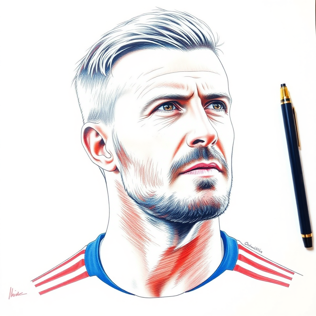 hyper-realistic ballpoint-pen color drawing of David Beckham