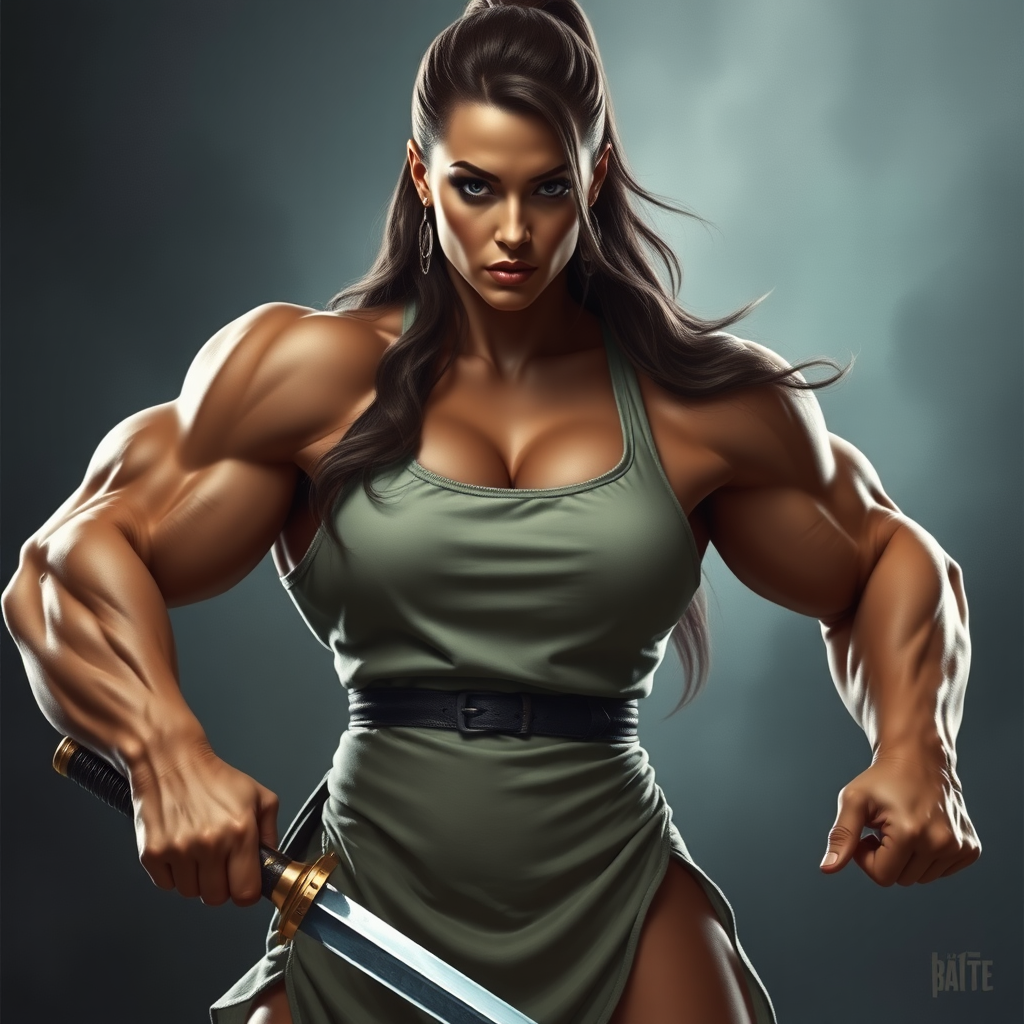 strong massive huge muscular bodybuilder girl, sleeveless dress, sword