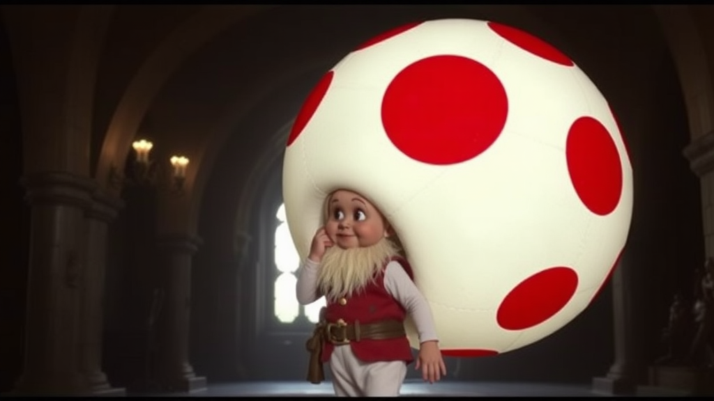 Interior. Dimly lit castle. 1980s movie. A human little person dwarf with white pants, red vest, and very large spherical hat that is white with large red spots.