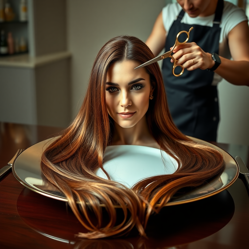 In a bizarre, surreal tableau, the polished surface of an elegant dining plate cradles the disembodied head of a strikingly beautiful Kate Middleton, her long, flowing hair cascading like a glossy waterfall of deep chestnut and honey highlights. The hair is luxuriously arranged, strands shimmering under the soft, ambient light that bathes the scene in an ethereal glow.

A skilled hairdresser, clad in a sleek black apron, stands poised with a pair of gleaming scissors, carefully trimming the endlessly luxurious locks that frame Kate's serene, almost ethereal features. The air is thick with the scent of salon products mingling with delicate hints of floral fragrances, creating an unusual yet strangely inviting atmosphere. The hairdresser's focused expression reveals a meticulous dedication as snippets of hair fall gracefully onto the pristine plate, echoing a sense of both artistry and absurdity.

The overall emotional tone conveys a dreamlike quality, inviting viewers to ponder the juxtaposition of beauty, identity, and the bizarre circumstances that bind them in this extraordinary moment.