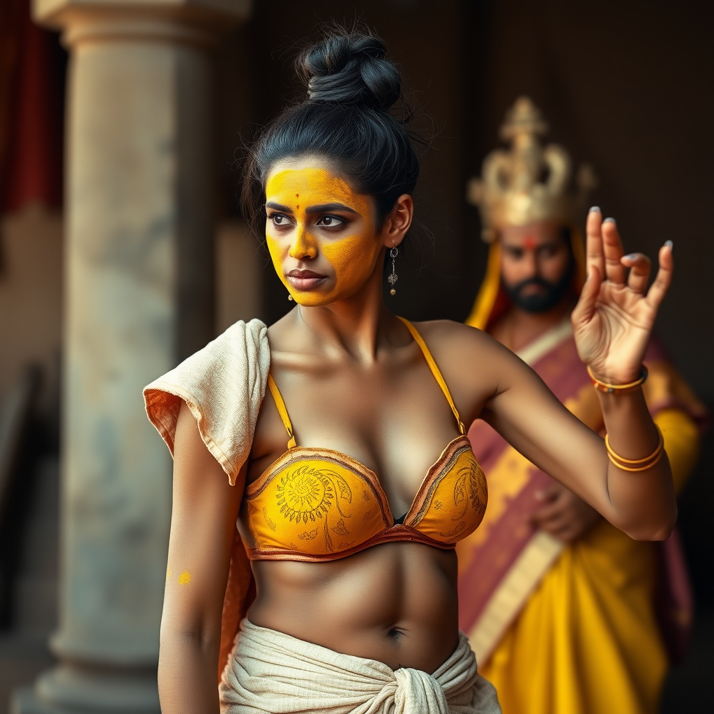 A skinny, 30 year old Indian wife with hair bun, wearing a bra, skirt and a short towel on her shoulder. Her face is covered with turmeric face mask. She is dancing in front of king.