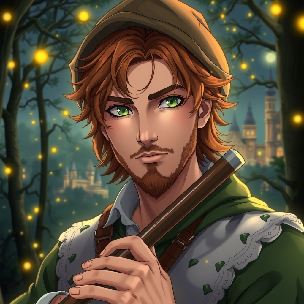 Create a detailed anime-style image of a 25-year-old white man. His eyes are green in color. His hair is slightly wavy and bold in a coppery brown tone, with a Robin Hood-style hat. He has masculine features and his countenance is strong. He wears a moss green and white flutist-style outfit. He has a beard and mustache. It's in the middle of a dark forest, lit by fireflies that glow softly. In the background, a city with fantastic architecture, giving a magical touch to the scene. The image must have an anime style, capturing every detail with precision and 8k quality. Looks like a photograph. Extremely realistic. 25 years old. Beautiful. Beautiful. Extremely realistic. Beautiful appearance.