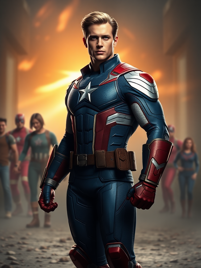 Create a hyper-realistic full-length render of Steve Rogers featuring the body type of Power Girl. Maintain the original head while modifying the silhouette to reflect Power Girl's physique. Position the character in a background that harmoniously blends elements relevant to both characters, capturing their heroic essence. Focus on details such as costume textures, lighting, and shadows to enhance realism, ensuring the final image showcases both strength and personality.