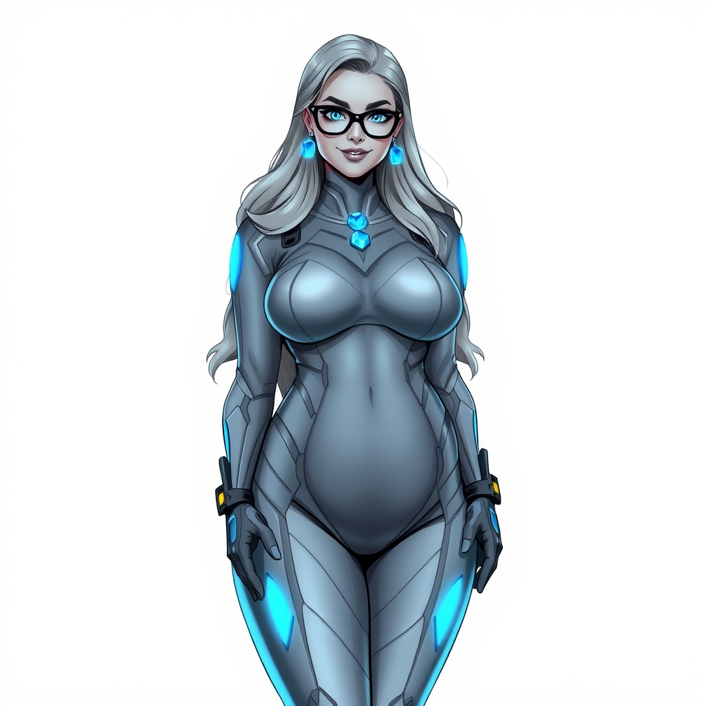 A 29-year-old computer science major, she is the devoted girlfriend of a vigilante and serves as his dotingly pampered, full-figured, nerdy, Middle Gray (N5) metallic skinned digital sidekick. She is now a Computer Program hybrid, with a unique, metallic Middle Gray (N5) skin color that blends with her suit and hair, appearing to merge together as computer data. Her long hair, suit, and skin are all the same metallic Middle Gray (N5) all blending together to appear to merge as computer data. Her neon blue eyes are mesmerizing. Her full figure, especially her prominent, round, gargantuan midsection, shows just how heavily fed and pampered she is, with sequoia-sized limbs and broad shoulders.

As a loyal and supportive sidekick, she plays a crucial role in their missions, using her digital prowess to assist and protect. She wears a blue sapphire scarab necklace and blue sapphire earrings, which she received as symbols of their love before his 5-year disappearance. Her digital, computerized bodysuit, also the same metallic Middle Gray (N5), blends with her skin and hair (appearing to merge together like computer data). She is equipped with high-tech features, including holographic displays and integrated hacking tools. She has matching high-tech gloves. She emits neon blue data cubes from her body, set against a solid white background.

Heavily, attentively, and immensely pampered through being well-fed since their reunion, her full figure clearly shows the extent of care she has received. Despite her digital enhancements, she retains her human vulnerabilities, including hunger and sleep, and is not immune to human weaknesses. She has the ability to hack into computers and machines, and her nerdiness is blatantly obvious with her black oversized eyeglasses. Her full figure, especially her gargantuan midsection, is prominently displayed and heavily emphasized. Her outfit, influenced by DC’s Jennifer Knight Phantom Lady, remains distinct.

Despite her boyfriend’s limited resources, she assists in the war on crime by serving as a minicomputer, traveling in a high-tech wristwatch and supercar’s computer system. Using her hacking abilities, she relays crucial knowledge related to missions. She has a beaming smile. She is drawn as if she was in a retro 2D cyberpunk fighting game.