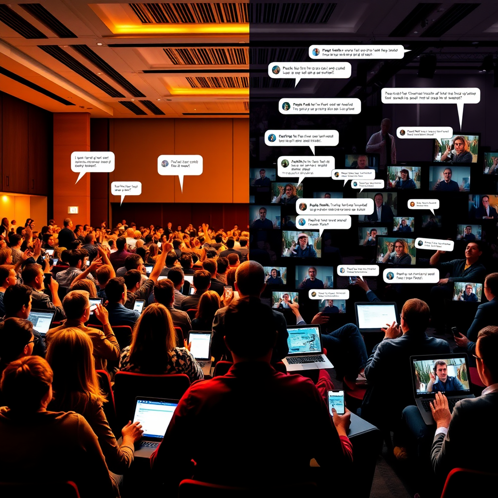 A visually striking split-screen image. On the left side, an in-person event scene with attendees seated in a modern auditorium, some raising hands or holding devices with screens illuminated. Speech bubbles appear above them with snippets of comments. On the right side, individuals from various locations watch the event on laptops, tablets, and phones, with chat messages appearing next to them. At the center, the two sides merge seamlessly where the host stands, showing all interactions converging into a unified live event.