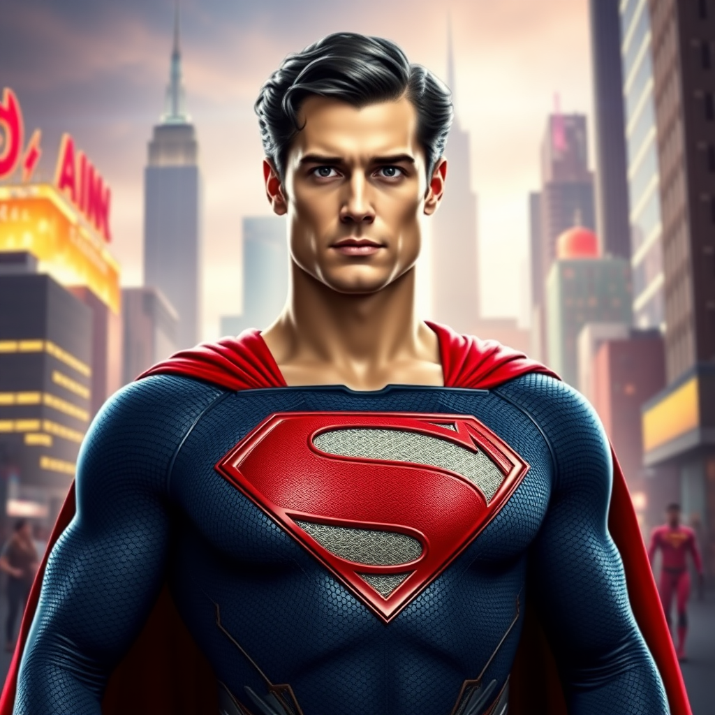 Generate a full-length image of Superman using the female figure of Elastigirl. Keep Superman's head intact, preserving his hairstyle and facial features. Retain Superman's classic costume, adding stylish embellishments from Elastigirl's outfit, altering them to fit the new proportions. Create a dynamic background inspired by the iconic settings of both characters, blending the futuristic Metropolis and Elastigirl's vibrant action scenes.