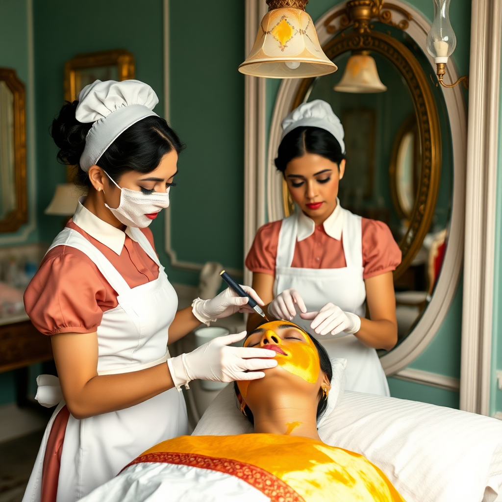 female french maids working in beauty parlour, giving turmeric facial to wealthy indian wife