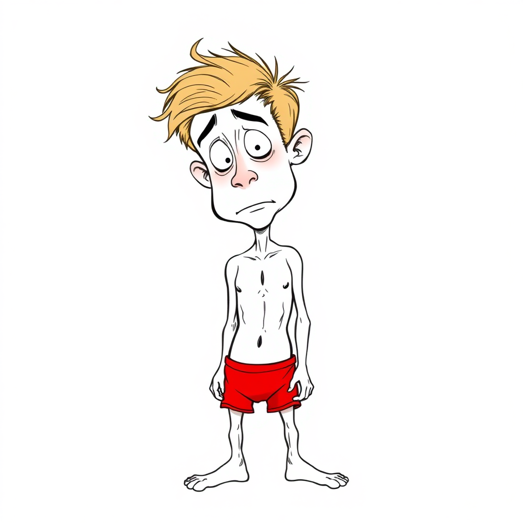 shy nervous small 18 year old european skinny man, amazed, bare chest, red tight men's brief, tense fabric, head down, looking from below, side view, detailed feet, 2D, caricature, cartoon, Sketch lines, coloring book, coloring book