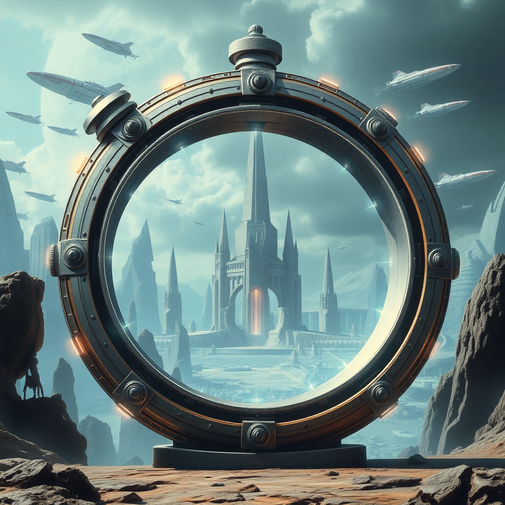 Time machine in the form of a magnetized futuristic ring portal and in the background a futuristic city of Atlantis with airships ready to attack.