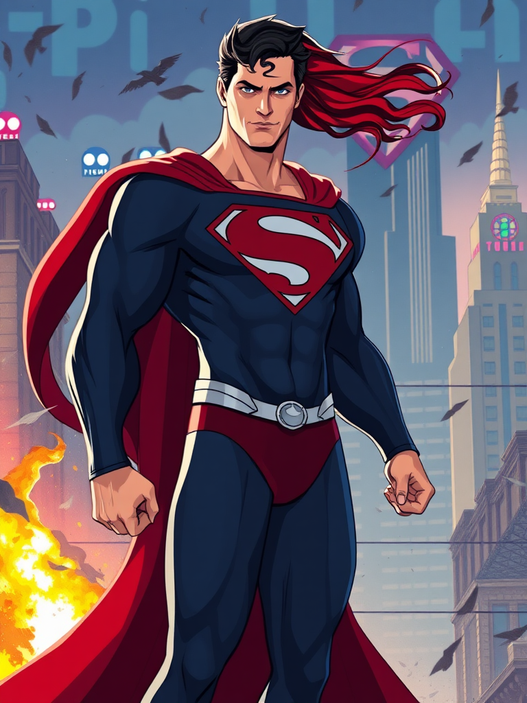 Create a full-length image of Superman with the body type of Juliet Starling while keeping his original head intact. Adjust his silhouette to reflect Juliet's proportions, emphasizing a dynamic pose. Design a background that blends elements appropriate for both Superman's Metropolis and Juliet's vibrant, action-packed world.