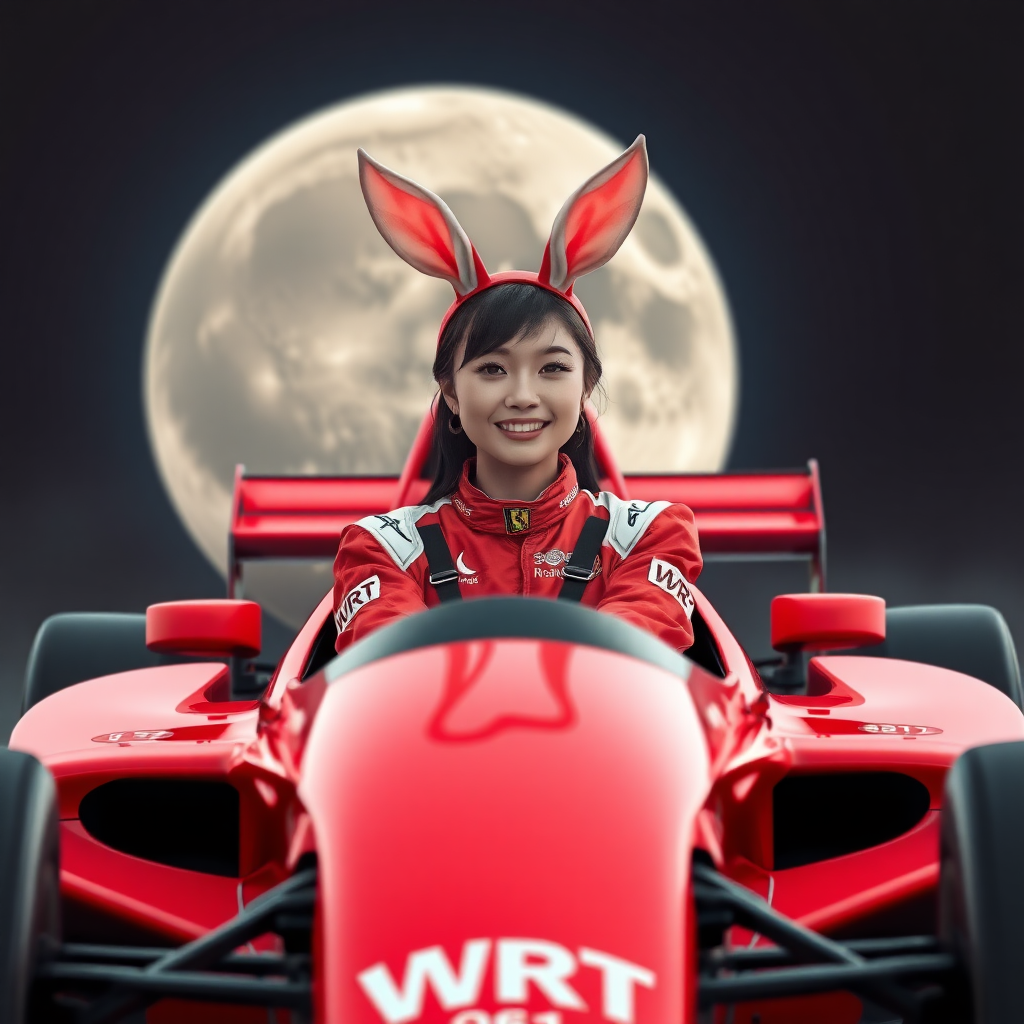 A red Formula racing car, with only WRT written on its body; a beautiful Chinese female racer with rabbit ears on her head, sitting in the car and smiling, her red racing suit also only has WRT written on it; in the background is a gigantic moon.