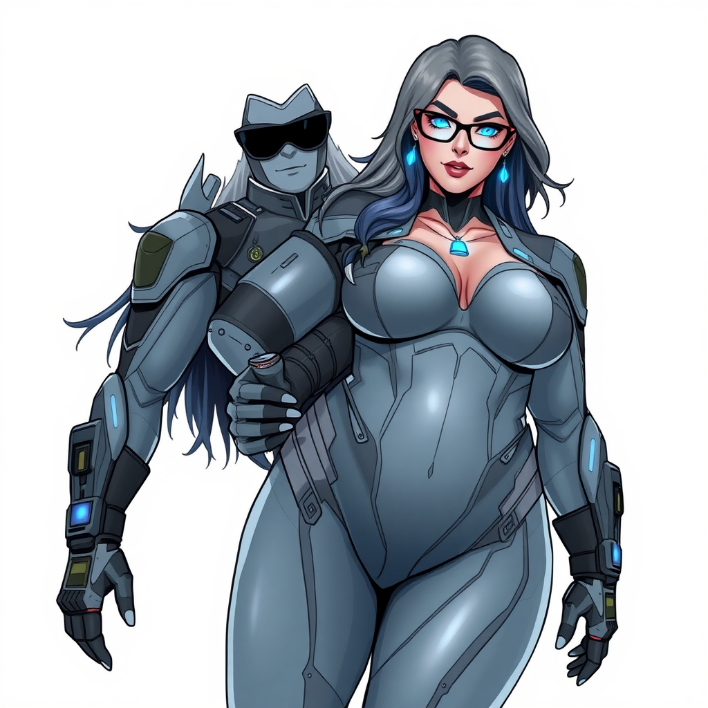 A 29-year-old computer science major, she is the devoted girlfriend of a vigilante and serves as his dotingly pampered, full-figured, nerdy, Middle Gray (N5) metallic skinned digital sidekick. She is now a Computer Program hybrid, with a unique, metallic Middle Gray (N5) skin color that blends with her suit and hair, appearing to merge together as computer data. Her long hair, suit, and skin are Middle Gray (N5) all blending together to appear to merge as computer data. Her neon blue eyes are mesmerizing. Her full figure, especially her prominent, round, large midsection, shows just how heavily fed and pampered she is, with sequoia-sized limbs and broad shoulders.

As a loyal and supportive sidekick, she plays a crucial role in their missions, using her digital prowess to assist and protect. She wears a blue sapphire scarab necklace and blue sapphire earrings, which she received as symbols of their love before his 5-year disappearance. Her digital and computerized bodysuit, also Middle Gray (N5), blends with her skin and hair (appearing to merge together like computer data). She is equipped with high-tech features, including holographic displays and integrated hacking tools. She has matching high-tech gloves. She emits neon blue data cubes from her body, set against a solid white background.

Heavily, attentively, and immensely pampered through being well-fed since their reunion, her full figure clearly shows the extent of care she has received. Despite her digital enhancements, she retains her human vulnerabilities, including hunger and sleep, and is not immune to human weaknesses. She has the ability to hack into computers and machines, and her nerdiness is blatantly obvious with her black oversized eyeglasses. Her full figure, especially her gargantuan midsection, is prominently displayed and heavily emphasized. Her outfit, influenced by DC’s Jennifer Knight Phantom Lady, remains distinct.

Despite her boyfriend’s limited resources, she assists in the war on crime by serving as a minicomputer, traveling in a high-tech wristwatch and supercar’s computer system. Using her hacking abilities, she relays crucial knowledge related to missions. She is drawn as if she was in a retro 2D cyberpunk fighting game.