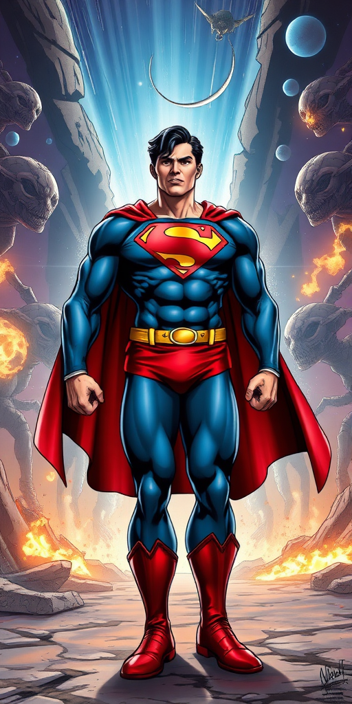 Create a full-length, highly detailed image of Superman with the body of Chun-Li, from the Street Fighter video game, standing in a dynamic battle scene. Superman, appearing surprised and bewildered, maintains his iconic red cape and "S" emblem but has Chun-Li's muscular build and blue outfit. He stands amidst an intense showdown with alien forces, the backdrop featuring a dramatic rip in the cosmic fabric of the universe. The scene should blend comic book and video game art styles, emphasizing both the chaos of battle and the character's astonishment at his transformation.