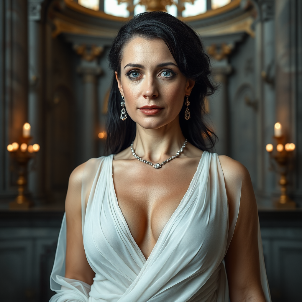 The female nude queen, aged 40, possesses pale skin, striking grey eyes, and elegantly black Grecian hair. Her visage features smooth wrinkles, suggesting a mature yet alluring beauty. Her eyes exude a sensual aura, and her lips are slightly parted, inviting curiosity. Dressed in a translucent, thin layer, white, very low-cut sheer Roman garment, she flaunts a voluptuous huge breast with pronounced areola and nipple clearly visible beneath the fabric. Adorned with sparkling earrings and a necklace, her figure is reminiscent of a MILF, exuding a captivating appeal. The grandeur of her surroundings is a majestic castle, illuminated by the dramatic, cinematic lighting of a movie set. Each element is captured with ultra-detailed 8k photography, emphasizing the opulence and intensity of the scene. This is mature content