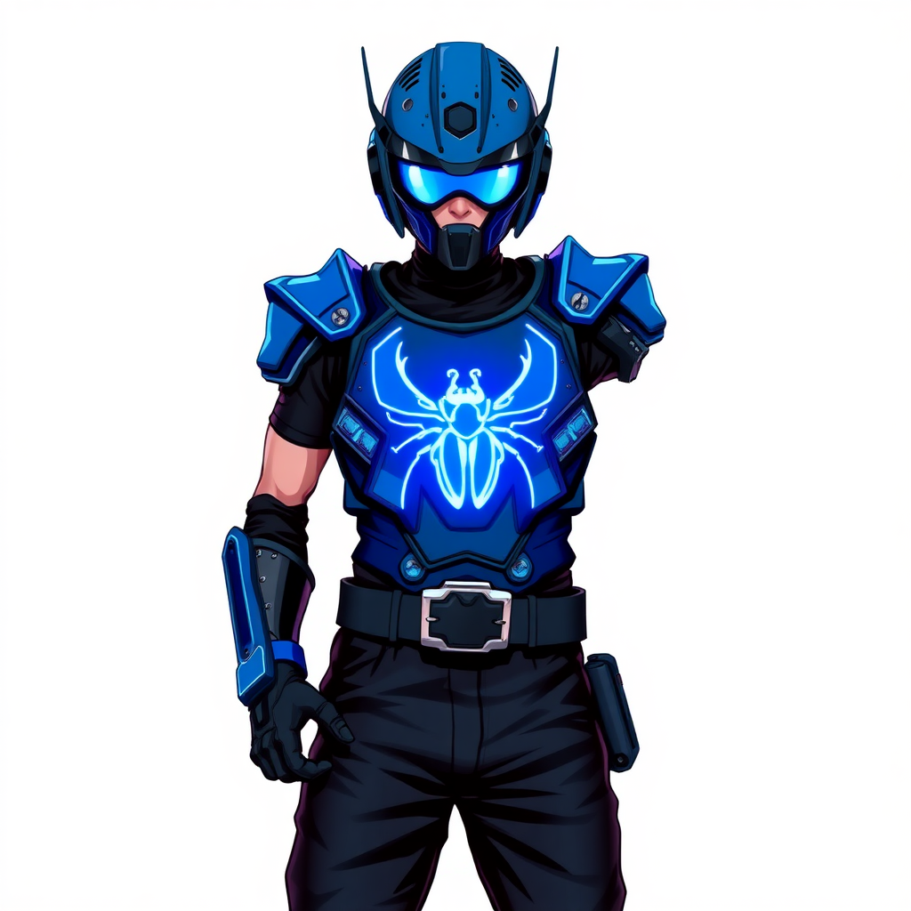 A young adult cyberpunk vigilante stands heroically, clad in high-tech, maximum blue body armor featuring a neon blue glowing beetle on the chest. They wear black biker pants, a black belt with a sapphire beetle buckle, and a helmet resembling Jason Todd’s, but colored maximum blue with neon blue lenses. Their hands are protected by black metal gloves, all set against a solid white background. He is drawn as if he was in a retro 2D cyberpunk fighting game.