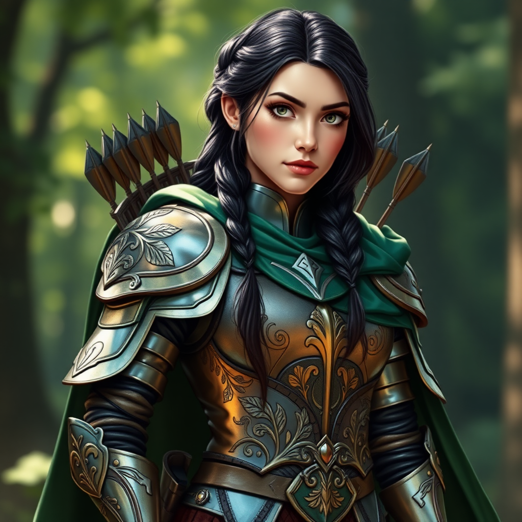 Name: Seraphine  
Gender: Female  
Age: 22  
Clothes: Seraphine is dressed in a suit of shimmering armor that reflects the colors of the forest, with intricate leaf patterns etched into the metal. She wears a flowing green cape that billows behind her, and her long, dark hair is tied back in a practical braid. Her eyes are sharp and observant, and she carries a beautifully crafted bow and quiver filled with arrows, ready to protect the kingdom.