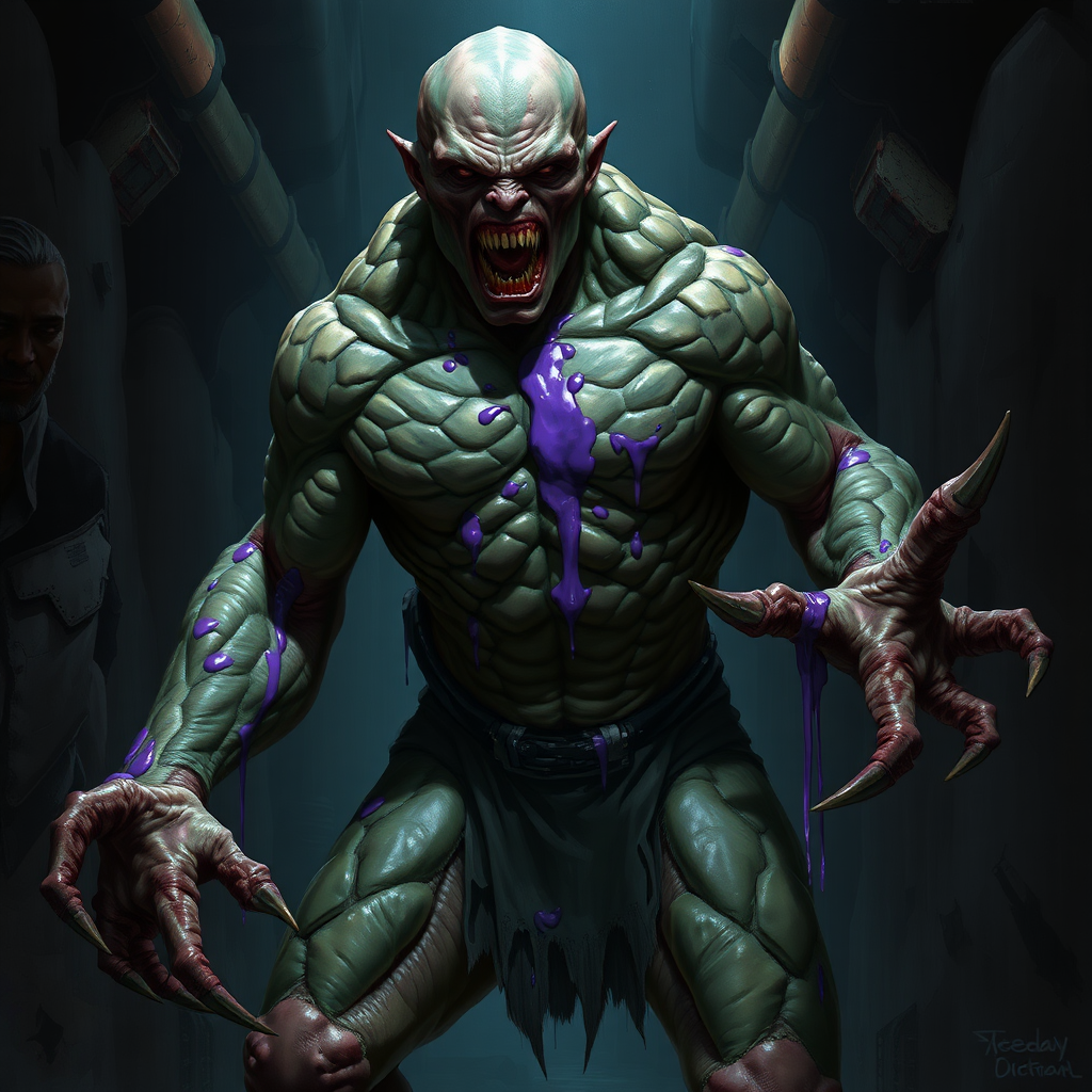 Sci-fi digital horror painting. Heavily mutated crew member, skin covered with sturdy scales, his body and limbs elongated and twisted while muscles ever tensing. Aggressive violent snarl on face. One hand has long sharp claws while the other looks relatively normal. Purple goo oozing all over him. Dark rocky industrial corridor.