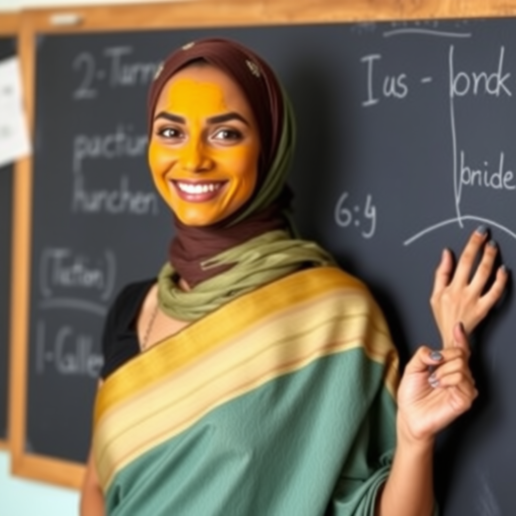 slim, 30 year old, sexy, french female school teacher, saree, scarf head, turmeric face mask. She is smiling and teaching on a blackboard