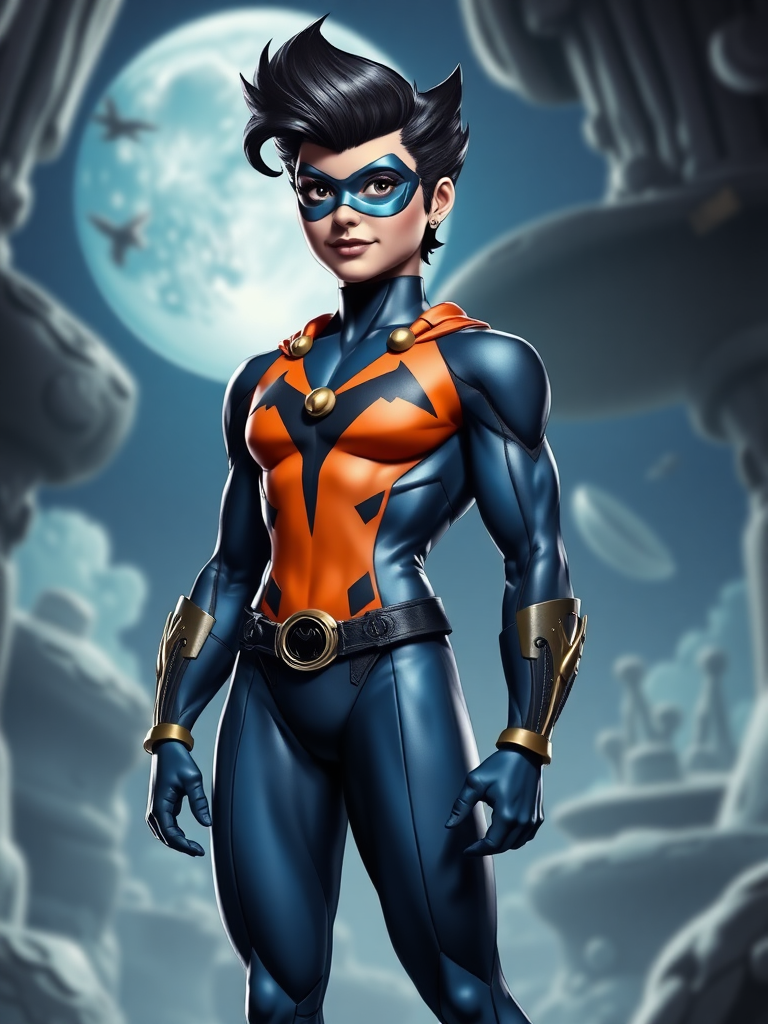 Full-length rendered image of Nightwing, incorporating Wilma Flintstone's physique while retaining Nightwing's head, iconic hairstyle, and distinct facial features. The costume should be primarily Nightwing's, but seamlessly integrate embellishments from Wilma Flintstone's attire, adjusting for the new proportions. The background should be a cohesive blend of elements drawn from both Nightwing and Wilma Flintstone's respective universes, creating a harmonious fusion.