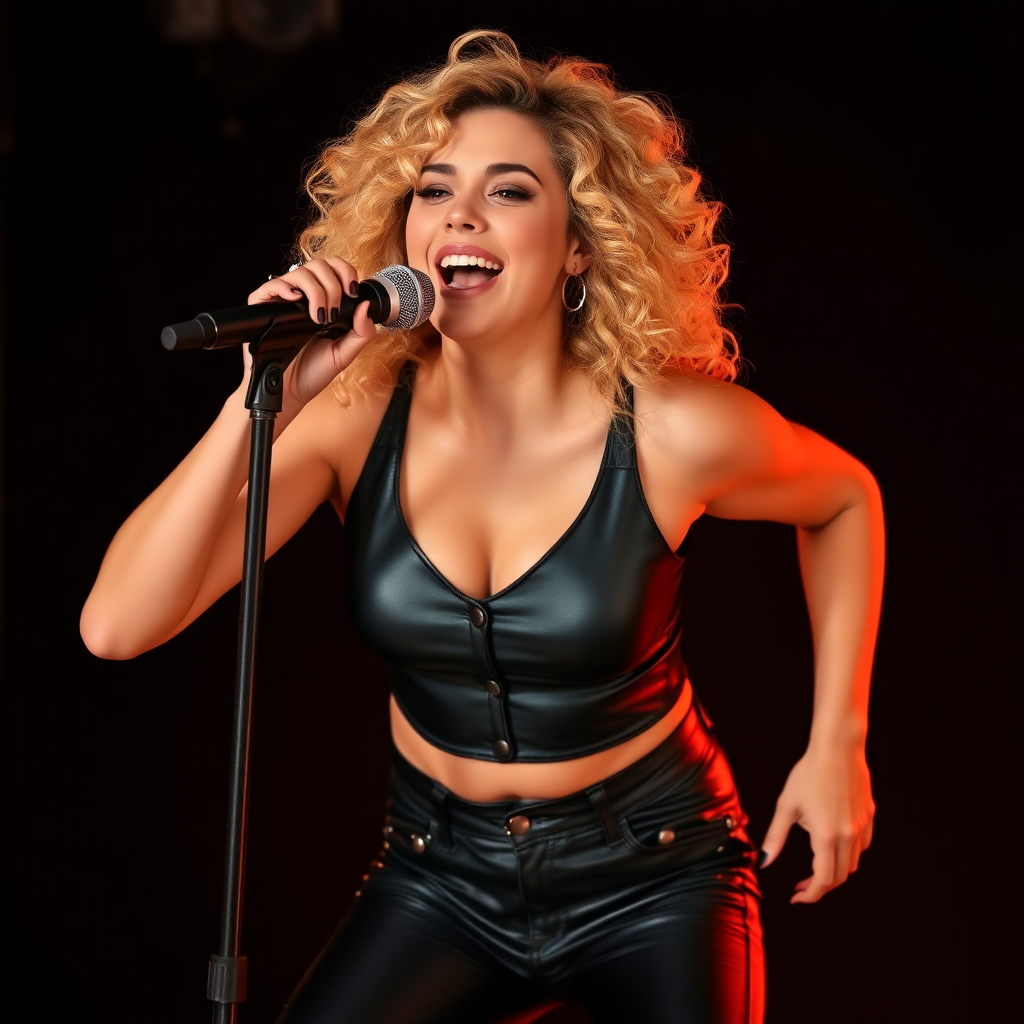 energetic young beautiful woman, leaning forward, curly blonde hair, very very large breasts, petite with big thighs, black leather top, leather pants with many rivets singing into a microphone with both hands gripping the microphone, black background, warm lighting