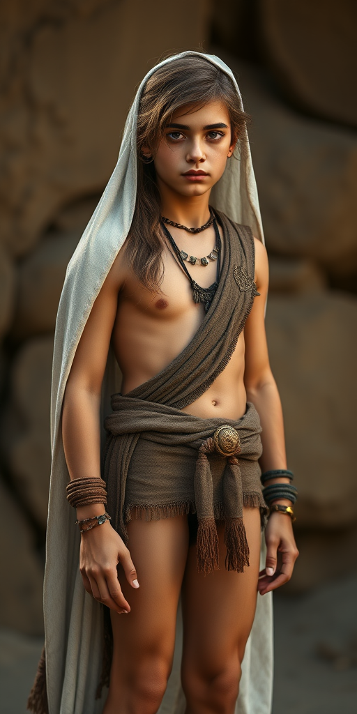 A beautiful ancient Babylonian teen boy, long hairs, long eyelashes, bridal vail, long legs, bare thighs. full length view. photorealistic, ultra high resolution, 16K.