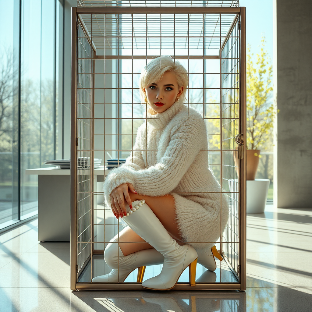 The future, rich university: sunny spring morning, modern glass-steel-concrete dean’s office. Kneeling inside locked small steel cage, waiting for the dean: Ana, European 17 years old very convincing femboy student, tamed servile docile, very beautiful feminine flawless face, rather short boyish figure, platinum blond short tight curls, bold red lips, heavily made-up face, long French nails, wearing Supertanya-style chunky fluffy very fuzzy bright white plushy mohair figure-hugging turtleneck-knitdress with white pearl decoration, white vinyl thigh-high boots with golden heels white fur trim, pearl earrings, serious, leaning forward presenting her assets, arrogantly looking through grid at camera. Full view of office.