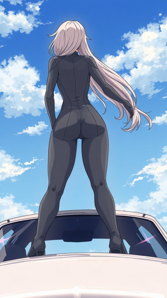 A anime drawing: A close up-cropped view one-piece tight-grey suit baddie-white long blond standing on top, legs split out on top of a car, looking front-facing backside