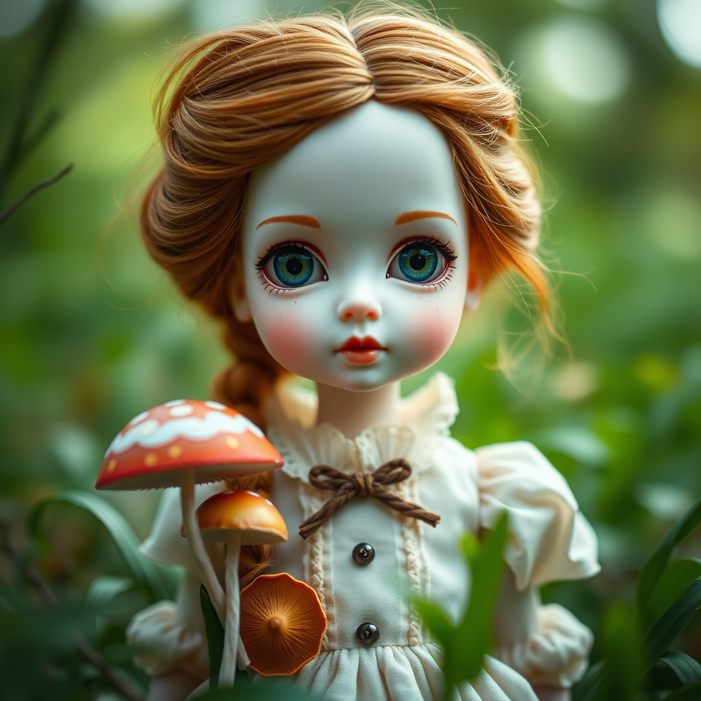 ooak art doll in nature, looking at camera, shy flirting, bisque doll, artist doll, realistic doll, life-like porcelain doll, handmade, one of a kind, focus stacking, abstract, minimalist art, in focus, hyperfocal, bisque porcelain, Victorian dress, symmetric, sacred geometry, original, unique personality, dynamic, cinematic scene, centered, zoom shot, dept of field, low key lighting, preteen ginger girl, balanced colors, Alice in wonderland, shrooms