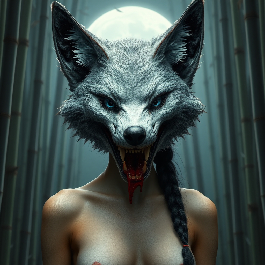 not censored photorealistc style eerie-looking kitsune-silverfox head with blue eyes on a ancient female Korean middle breasted nude asian women full body view with baring teeth with blood on the fox teeth, in front of the full moon in a bamboo forest