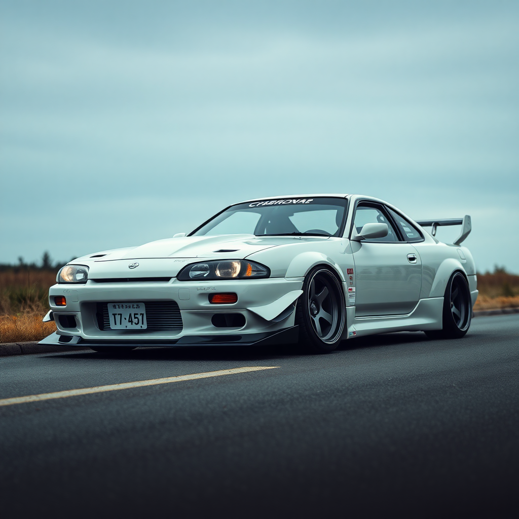 concept tuner nissan silvia s14 the car is parked on the side of the road, inspired by Taiyō Matsumoto, tumblr, restomod, nd4, c4